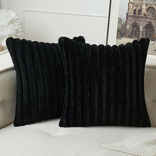 MIULEE Set of 2 Plush Velvet Cushion Covers Soft Modern Faux Fur Pillow Case Comfortable Smooth Washable Home Decorative Pillow Covers for Living Room Bedroom Sofa 50 x 50cm 20 x 20 Inch Black