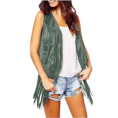 Womens Western Cowgirl Vest 70s Hippie Faux Suede Sleeveless Jacket Cardigan Open Front Boho Fringe Waistcoat