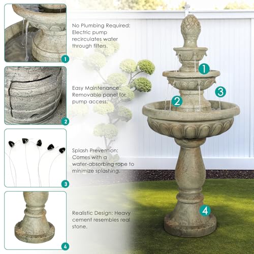 Image of SunJet 42.5 inch High 3-Tiers Modern Concrete Outdoor Water Fountain - Round Large Outdoor Fountains and Waterfalls for Garden, Patio, Yard, and Deck Decor, Featuring Natural Stone Look