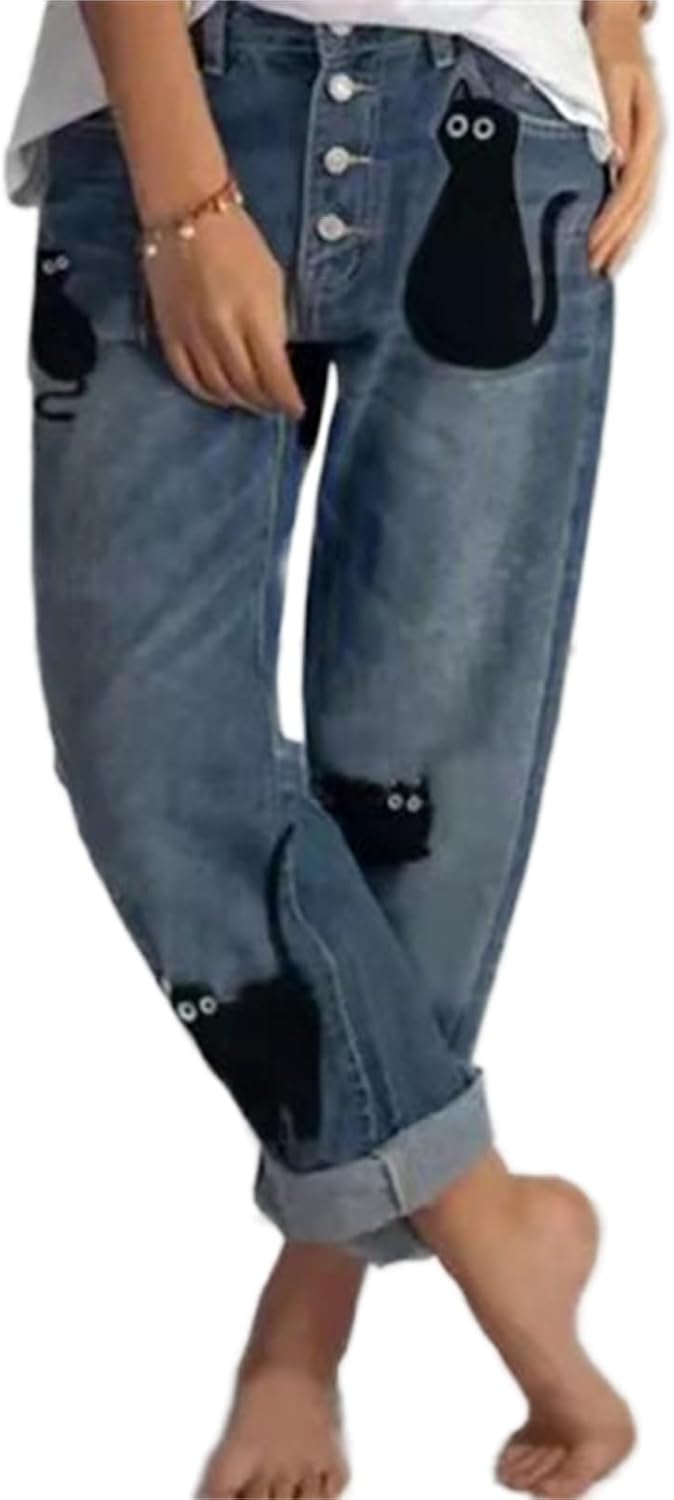 Women’s Straight Leg Jean Mid Rise Buttons Casual Loose Cute Cats Graphic Denim Pants with Pockets