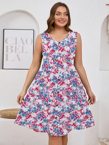 Image of AusLook Plus Size Women Summer Dresses Sleeveless Casual Loose Swing Button Down Midi Dress with Pockets 1X-5X