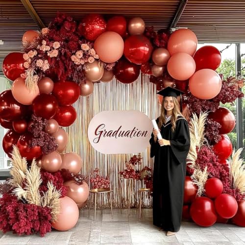 Image of Red Pink Balloon Garland Double Stuffed Burgundy Pink Balloons Dark Red Maroon Rose Gold Balloon Arch Kit for Birthday Bridal Wedding Birthday Mother's Day Graduation Party Decoration