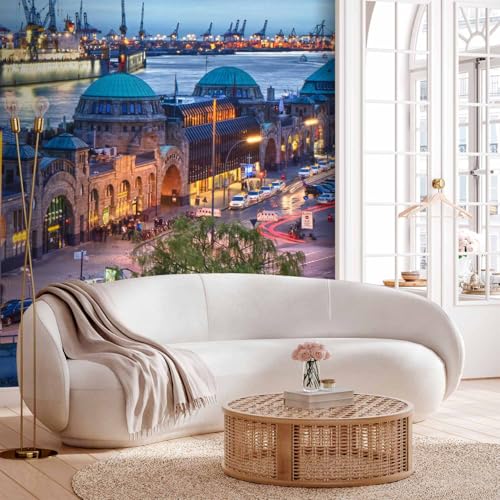 Fototapete - Tapete Stadt 250x193 cm - Foto Tapete Schlafzimmer Wohnzimmer Moderne Vliestapete XXL Wandtapete Motivtapeten Bildtapete 3d Effekt Wand Dekoration - Hamburg Hafen Fluss Uhr 100404-154