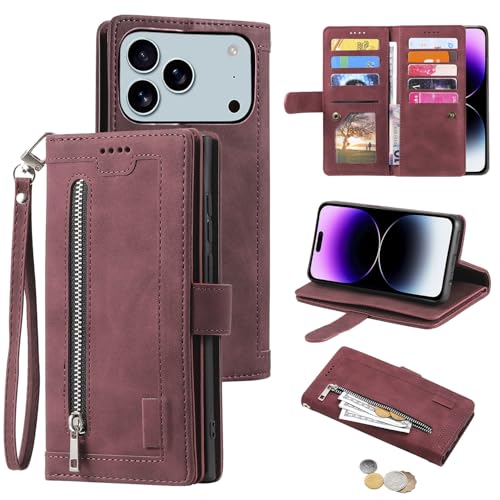 Coque iPhone 17 Pro EYZUTAK Étui Portefeuille en Cuir Rouge Foncé