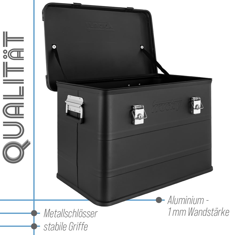 Trucky Scatola in alluminio con coperchio, colore nero, in alluminio, per il trasporto, in metallo, richiudibile, dimensioni: 75 l