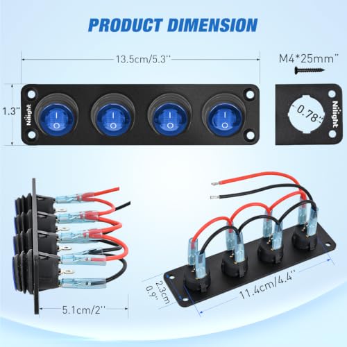 Image of Nilight 4 Gang Rocker Switch Panel IP67 Waterproof 12V /24V On /Off Blue | 3-Pin Toggle Switches Aluminum Panel for Automotive Marine Boat Car Camper Truck Vehicles Lights