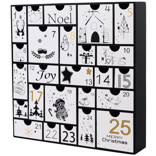 Juegoal Advent Calendar, 11.8'' Black Wooden Advent Calendars with 25 Storage Drawers Countdown to Christmas 2025, Christmas Advent Holiday Decor