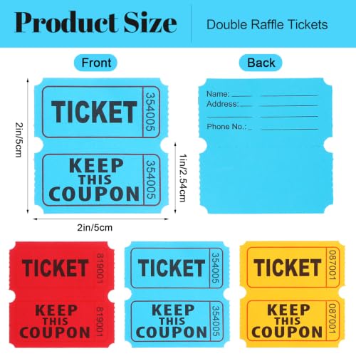 6000 Pcs (3000 Pairs) Raffle Tickets Double Roll – 3 Rolls of 2000 Tickets Each (Red/Blue/Yellow) – 2"x2" Consecutively Numbered 50/50 Ticket for Events, Fundraisers, Carnivals, Entry & Door Prizes - Image 2