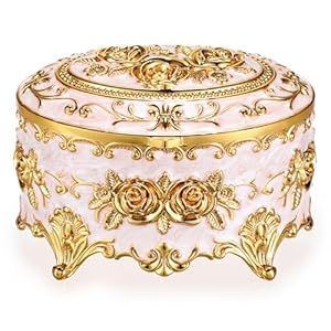 Hipiwe Vintage Metal Jewelry Box – Oval Trinket Organizer Ring Box Case with Rose Pattern Jewelry Storage Box for Ring Earrings Necklace, Gift for Women