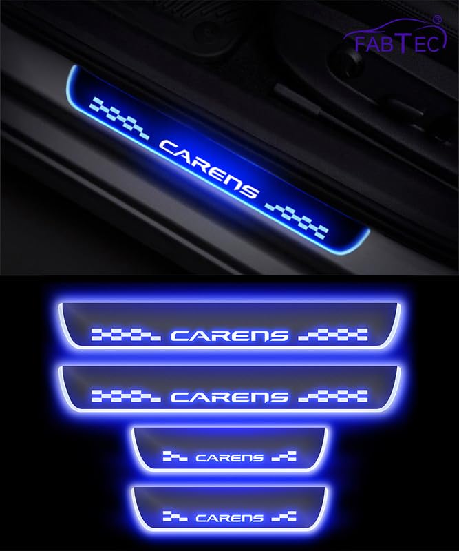 Image of FABTEC Car Door Foot Step Sill Plate with Mirror Finish LED Compatible with Kia Carens Set of 4pc, Blue (6 Month Warranty)