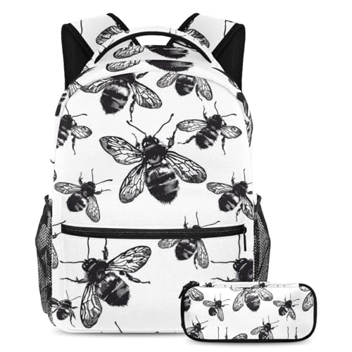 Sac à dos mini abeille noire et blanche grand format pour fournitures scolaires garçons filles