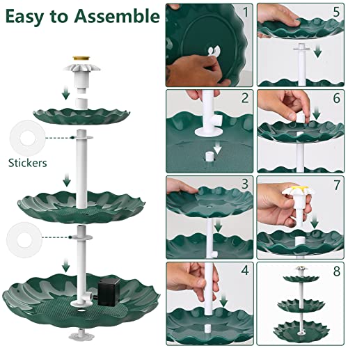 AISITIN DIY Brunnen,Vogeltränke Sets mit 3,5W Solar Springbrunnen, 3 Stufige Vogelfütterer für Draußen,Vogelbad und DIY Solarbrunnen Abnehmbar und Geeignet für Garten,Wasserspiel(Dunkelgrün)