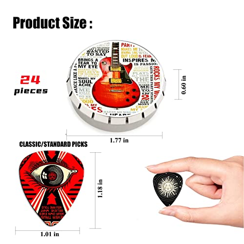 Guitar Picks 24 Pack Thin, Medium, Heavy & Extra Heavy Picks with Tin Box ,Variety Pack Artistic Celluloid Guitar Pick for Bass Electric Guitar Acoustic Guitar Lovers Gift (Mix-2) - Thumbnail 6