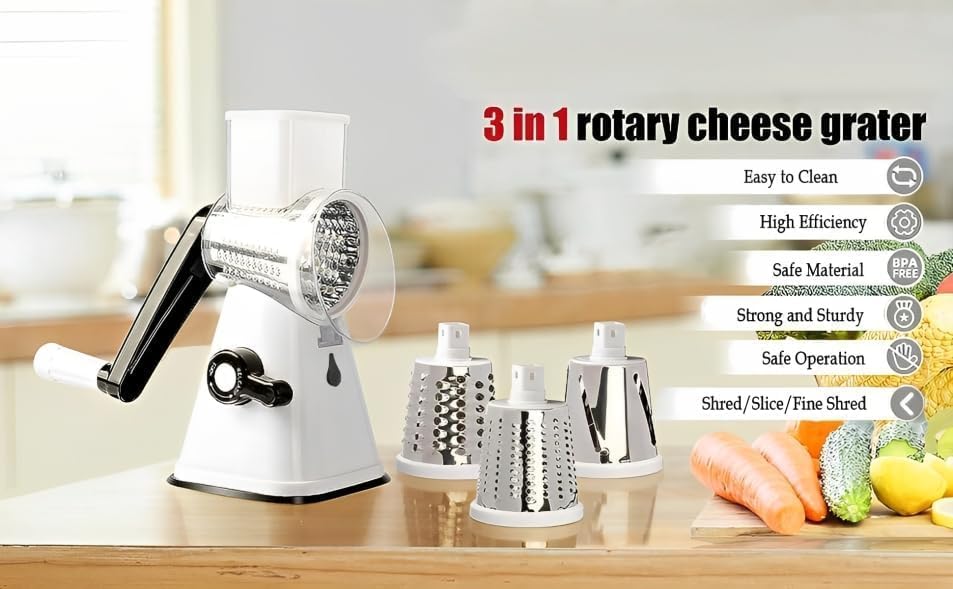 Miniatura 8 de Rallador manual de queso giratorio con mango - Trituradora de verduras - 3 cuchillas redondas reemplazables de acero inoxidable - Herramienta de