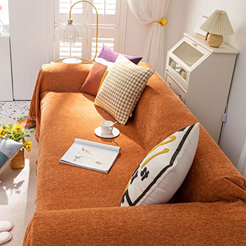Vclife Chenille Caramel Couch Cover Soft Boho Rust Pumpkin Style Sofa Slipcover For Dog, Warm Fur-Resistant Couch Covers For 3 Cushion Couch Sofa Furniture Cover Sectional Sofa Cover #TOP2