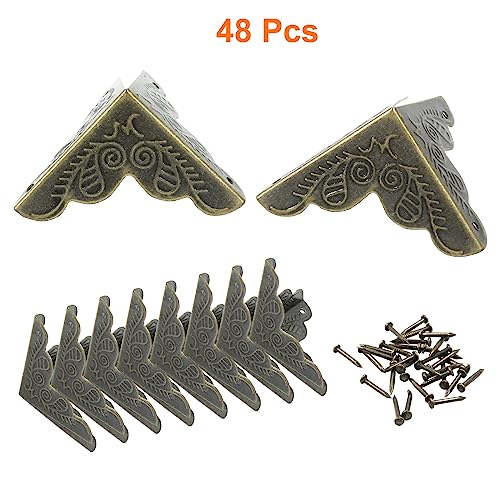 Image of 48 Pcs Antique Bronze Corner Protectors - 1 inchx1 inch Metal Decorative Edge Guards for Furniture, Box, Cabinet, Bookshelf, Vintage Corner Pads with Mounting Screws (25mm)