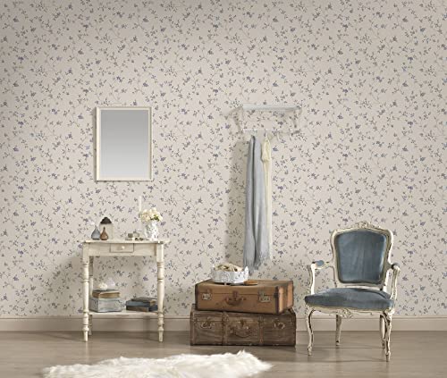 A.S. Création Maison Charme Vliestapete mit floralem Muster 0,53 x 10,05 m – Creme, Grau, Blau – Blumentapete im Landhausstil Made in Germany – 390713