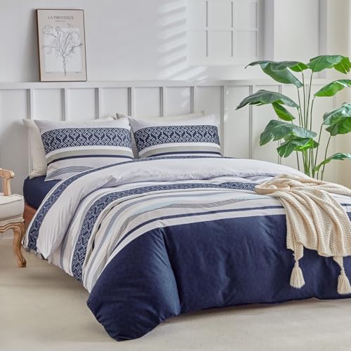 Tokokimo King Size Duvet Cover Sets 4 Piece Dark Blue Bedding Set with Fitted Sheet - Soft Microfiber King Size Bedding (1x Duvet Cover, 2x Pillowcases, 1x 40cm Deep Fitted Sheet) Dark Blue Stripe