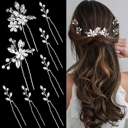 Yandino 8 Pieces Wedding Hair Pins for Bridal Silver Rhinestone