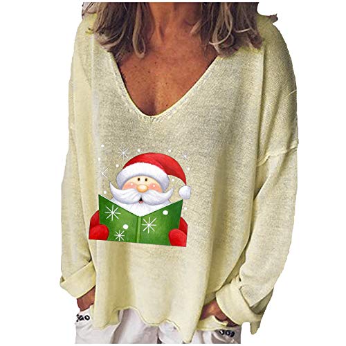 8888 aliveGOT Merry Christmas Santa Graphic Cute Shirt,Womens Long Sleeve V Neck Blouse Ruffle Hem Pullover Tops