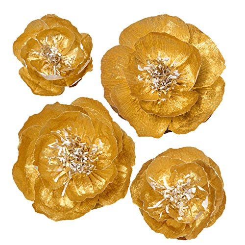 Ling's moment Paper Flowers Decorations(12''-6''), 4PCS Gold Handcrafte Large Crepe Paper Peony for Wall Baby Nursery Wedding Bridal Shower Party Backdrop Centerpiece