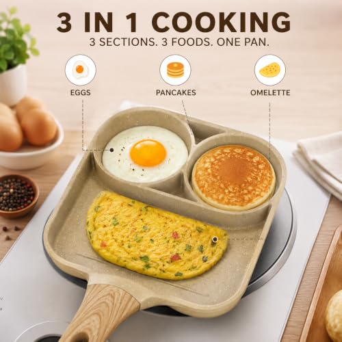 Image of 3 Cup Egg Frying Pan, Non Stick Granite Omelette Pan, 3 Hole Breakfast Fry Pan, Multi Section Egg Cooker, Induction Compatible Pancake Pan, Kitchen Cookware with Wooden Handle (White)