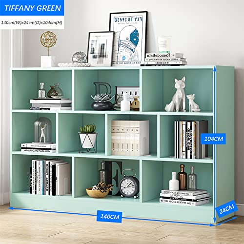 Image of IOTXY Open Shelf Low Bookcase - Wooden 3-Tier Cube Bookshelf, Tiffany-Green