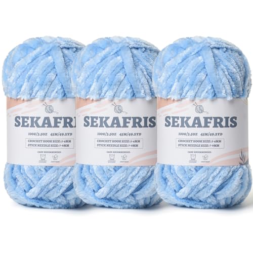 Image of Fuzzy Chunky Chenille Yarn for Crocheting,Soft Plush Yarn for Hand Knitting,Bulky 3x00 g(3x49.2 yd) Baby Blanket Yarn for Crocheting Amigurumi Yarns,Crochet Fluffy Velvet Yarns (Sky Blue)
