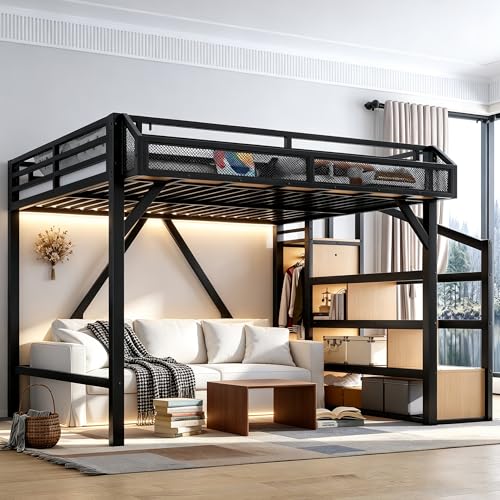 Bellemave Queen Size Loft Bed with Stairs and Wardrobe,Heavy Duty Metal Loft Bed Frame with Shelves,LED Lights and Charging Station for for Kids,Teens,Adults,Natural Wood