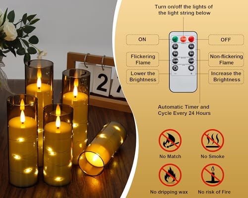 Image of Enido Flameless LED Candles with Remote & Timer, Battery Operated Acrylic Pillar Set, 10 Pc Flickering Electric Lights with Embedded Star String for Cozy Home & Holiday Romantic Decor (Matte Grey)