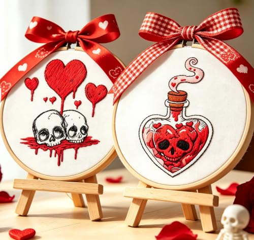 Image of Halloween Goth Embroidery Kits for Beginners Adults, Dark Skull Embroidery Sets Needlepoint Kits, Halloween Stamped Cross Stitch Kits for Beginners Adults, 2 Embroidery Hoops (Attached Video Tutorial)