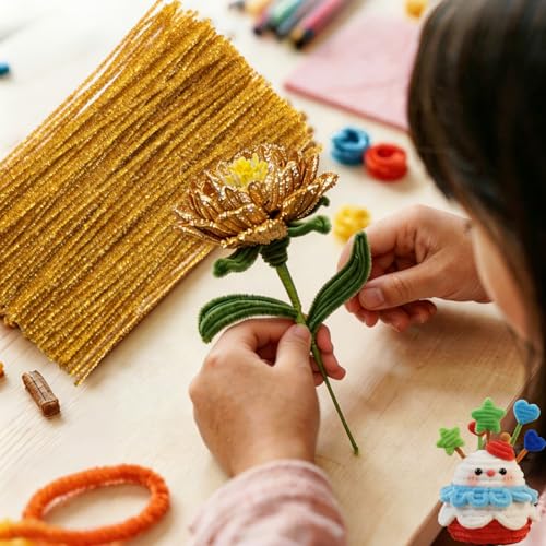 Image of Gold Pipe Cleaners,Glitter Gold Craft Pipe Cleaners,200pcs Supplies for Home DIY Handmade Arts,Arts and Crafts for Kids Ages 6-8,Glitter Pipe Cleaners for Festivals DIY Decorations,Christmas Decor