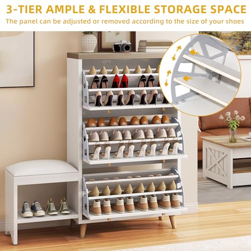 DWVO Shoe Cabinet with Bench for Entryway, Modern Shoe Storage Cabinet Shoe Bench, Narrow Hidden Shoe Organizer with 3 Flip Drawer, for Hallway, Closet, Living Room, White