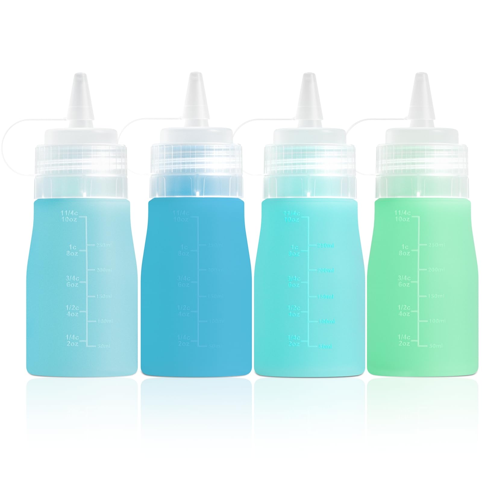 Mrsdry Condiment Squeeze Bottles, 12oz Silicone Squeeze Bottles For Sauces, Leak Proof Condiment Container with Extra Interchangeable lid, Easy Squeeze for Oil, Honey & Dressings, BPA FREE (4 Pack)
