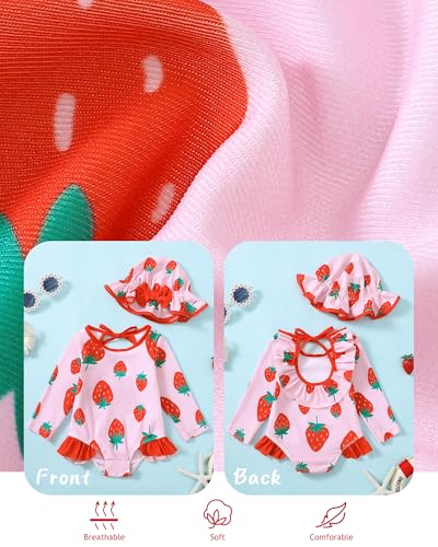SUNNY PIGGY Baby Girls One Piece Swimsuit Long Sleeve Floral Bathing Suit+Hat 2Pcs4