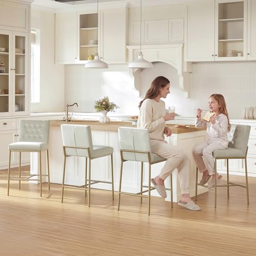 Image of CHITA Modern Bar Stools with Tufted Back Set of 4, 26 inch Counter Height Bar Stool with Metal Legs for Kitchen Island & Dining Room, Ivory Fabric, Gold Frame