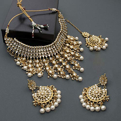 Image of Peora Kundan & Beads Studded Necklace Earrings & Maangtikka Set Ethnic Jewellery for Women & Girls