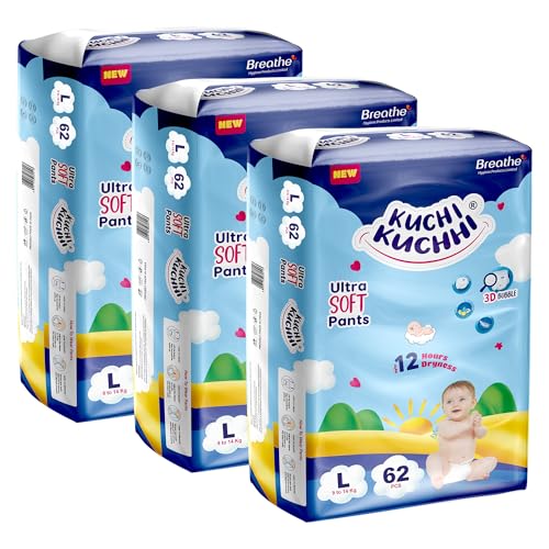 Image of Premium super soft baby diaper with a 3D bubble top and super absorbent core | Added active leak barriers and wetness indicators - L Size, 186 Count