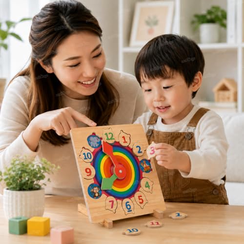 Image of Zest 4 Toyz Wooden Clock Toy for Kids Learning Counting Number Clock Shape Patterns Sorting Puzzle Educational Toys for Kids Montessori Preschool Activity Toy for 3 Years +