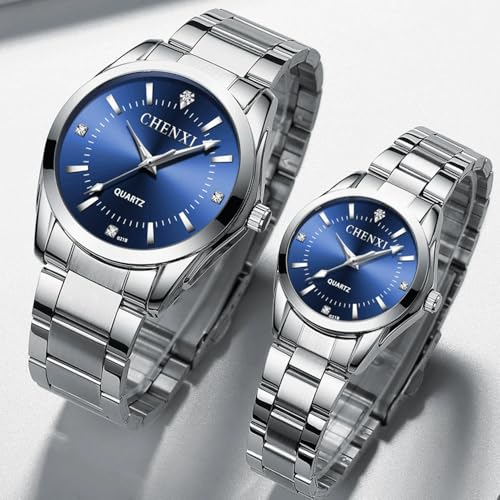 JOATVEE Relojes Pareja Hombre y Mujer Plata Impermeable Reloj de Acero Inoxidable Moda Suo y Sus Relojes de Pulsera de Cuarzo Regalos, Mujeres - Azul Oscuro, Pulsera - imagen 5