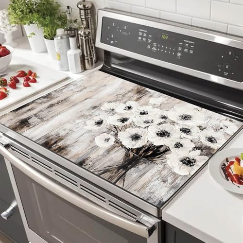 HOMETITUTE White Floral Rustic Stove Top Cover 28x20 Inch Diatomite Glass Stovetop Decorator Mat Vintage Flower Kitchen Decor Electric Heat Resistant Flat Top Stove Cover Pad Non Slip Protector