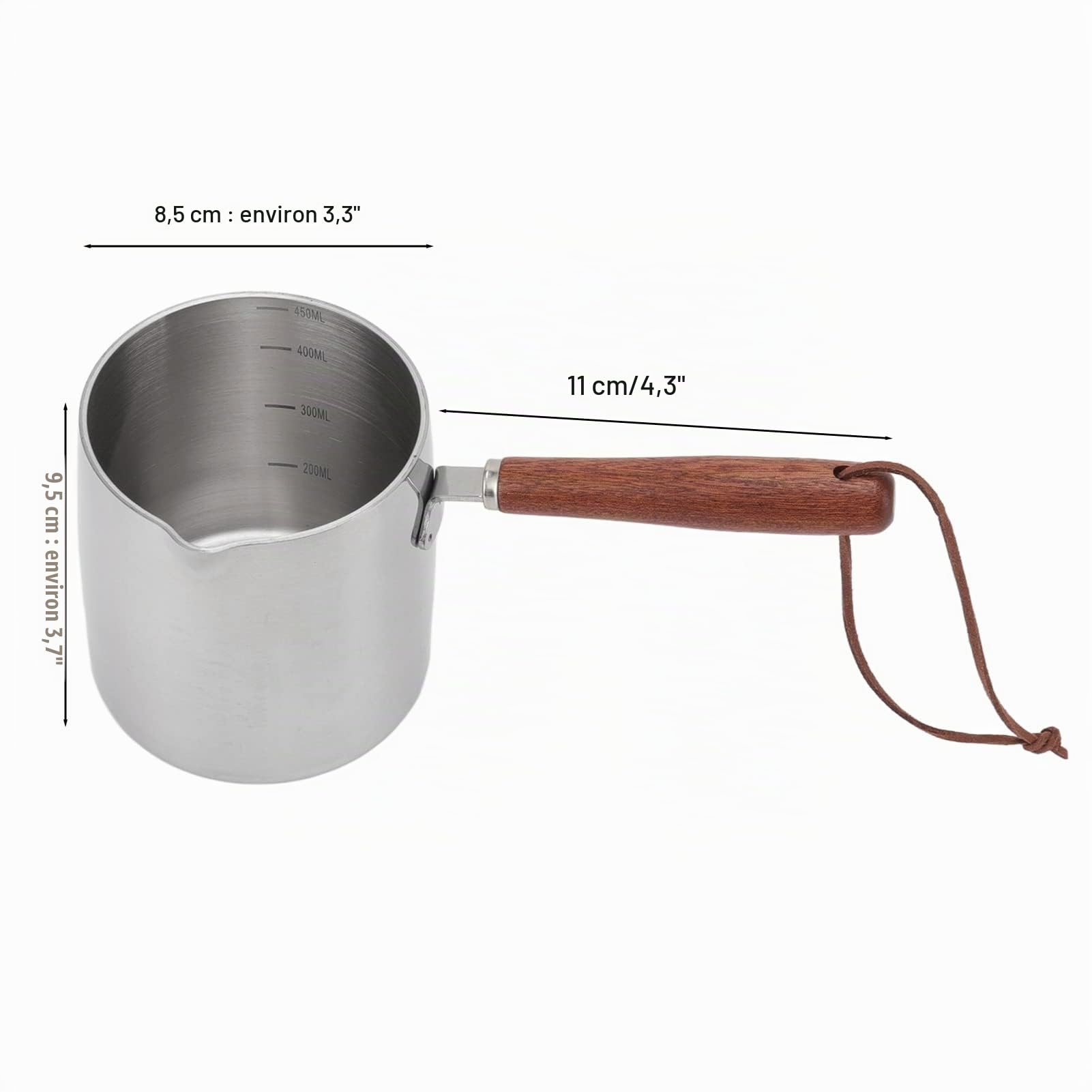 Casserole à Lait avec Bec Verseur, Chauffe-Beurre en Acier Inoxydable 450 ml, Mini Pot à Lait pour Café au Beurre, Compatible Induction, Gaz, Électrique, Poignée en Bois