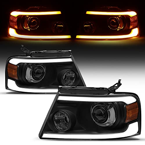 oEdRo LED DRL Headlight Assembly for 2004-2008 Ford F150 F-150 Headlamps w/LED Blubs Sequential Turn Signal Smoked Lens Pair Set