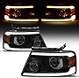 oEdRo LED DRL Headlight Assembly for 2004-2008 Ford F150 F-150 Headlamps w/LED Blubs Sequential Turn Signal Smoked Lens Pair Set