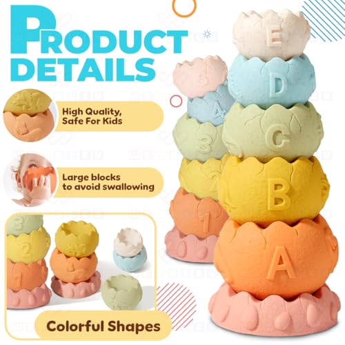 Image of Wembley Stacking Toys for Kids Baby Bath Toys Colorful Toddler Soft Activity 6 Dinosaur Cups Textured with Numbers Letters Sensory Teething Toys for Toddler 0-3-6-12-18 Months