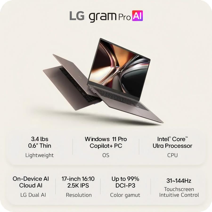 Image of LG gram Max 17 Inch Touchscreen Laptop, Intel Core Ultra 7 355, 32 GB RAM, 4 TB SSD, WQXGA IPS Display, WiFi 7, Thunderbolt 4, Backlit KB, AI Copilot+ PC, Lightweight Business Notebook, Windows 11 Pro