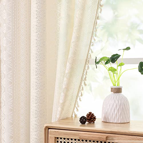 Ronaldecor Beige Boho Linen Textured Tassel Sheer Lace Curtains, Chic Crochet Geometry Knitting Rod Pocket Window Drapes For Living Room Bedroom, 2 Panels,63" L X 40" W #TOP2