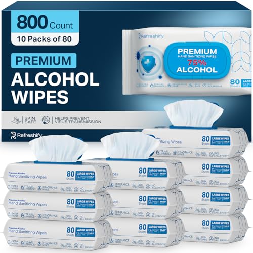 Refreshify Alcohol Wipes Bulk 800 Count (10 Packs of 80) 75% Ethyl Alcohol Hand Sanitizing Wipes Large 7.1x5.5 Extra Moist Fragrance Free Skin Safe Latex Free Home Office & Travel