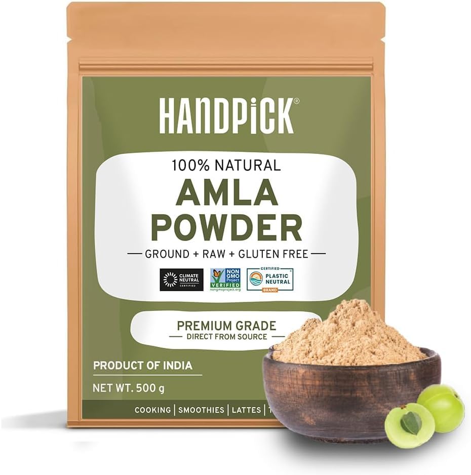 HANDPICKAmla Powder (500g/17oz) Amalaki | Raw Amla Powder from India | Resealable Zip Lock Pouch, Indian Gooseberry Powder | Perfect for Cooking, Smoothies, Latte & Tea