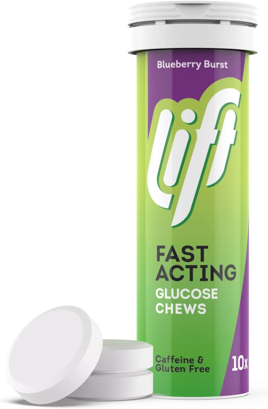 Lift | Fast-Acting Glucose Chewable Energy Tablets | Blueberry | 12 Pack of 10-Tablet Tubes